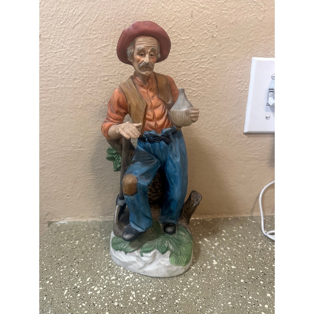 Vintage Old Man Sitting on a Tree Stump With Ax Holding a Liquor Bottle Figurine